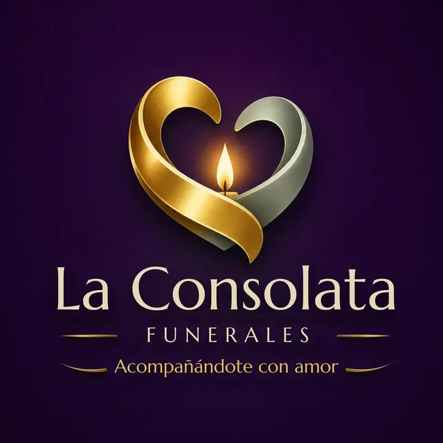 Logo de La Consolata Funerales: un corazón de cintas dorada y plateada con una vela encendida